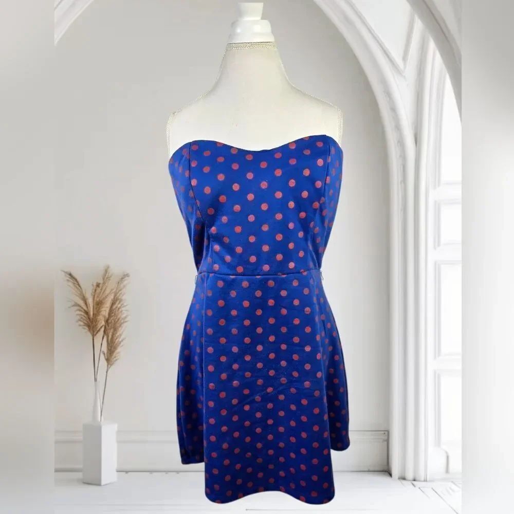 Dots Blue Strapless Polka Dot Dress